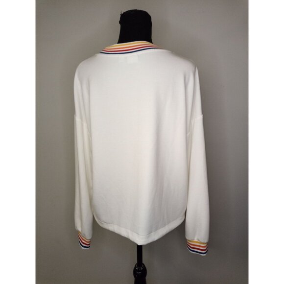 Aldi Gear Cream Sweatshirt Crewneck Rainbow Cuff and Collar Size Medium - Picture 3 of 8